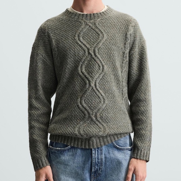 ZARA Men Cable Knit Sweater Gray Green SZ XL - Picture 5 of 16